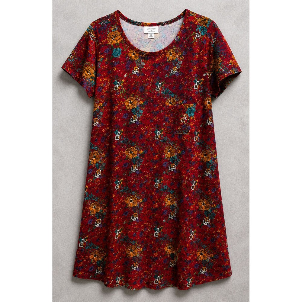 LuLaRoe Carly Dress Womens XS Red Floral Swing Dress Short Sleeve